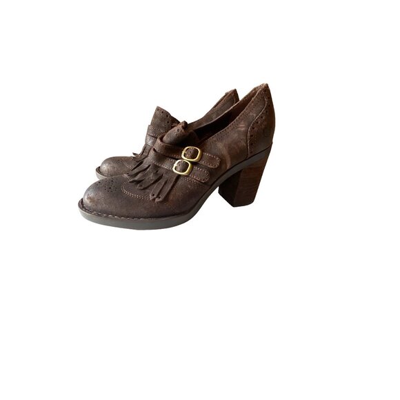 Born Womens Hazel Boot Pump Size 8.5 Block Heel Shootie Retro Kiltie Brown Suede - Picture 1 of 7